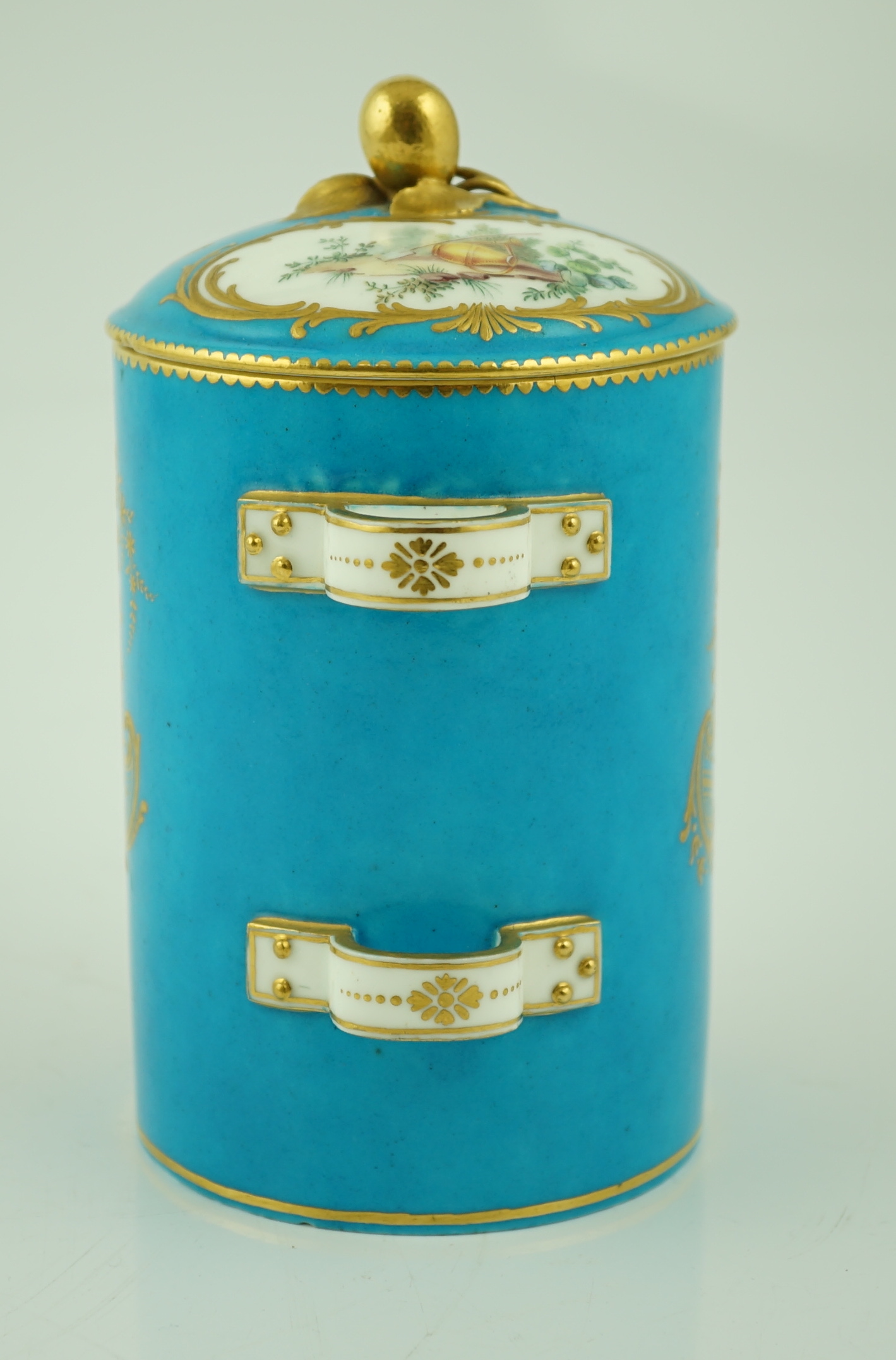 A Sevres bleu-celeste ground tobacco jar and cover (Pot à tabac), date code for 1759
